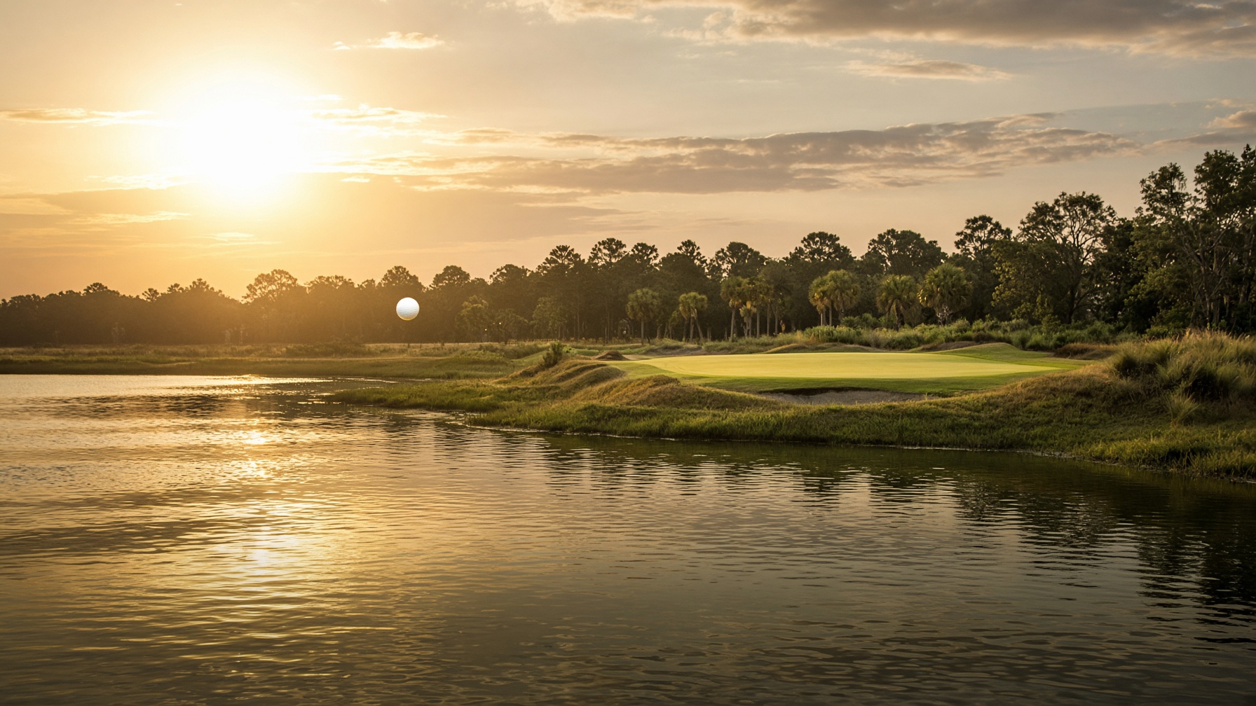 Championship tee shot over a coastal water hazard